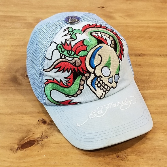 Ed Hardy Hat Cap Snapback Blue Tattoo Skull Dragon Logo Mesh Back Trucker - Picture 6 of 12